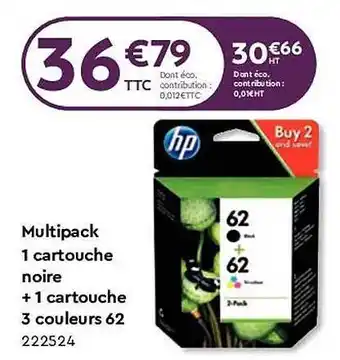 Multipack 1 cartouche noire + 1 cartouche 3 couleurs 62