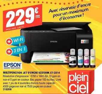 Plein ciel Epson multifonction jet d'encre ecotank et-2814 offre