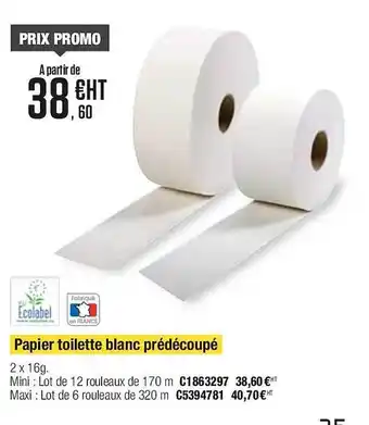 Plein ciel Papier toilette blanc prédécoupé ecolabel offre