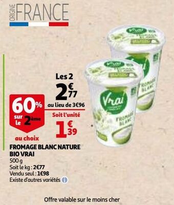 Auchan Fromage blanc nature bio vrai offre