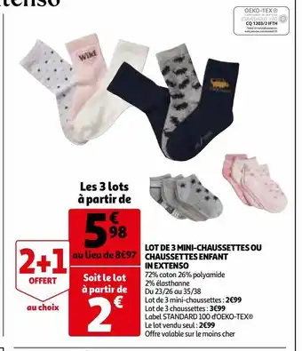 Auchan Lot de 3 mini-chaussettes ou chaussettes enfant inextenso offre