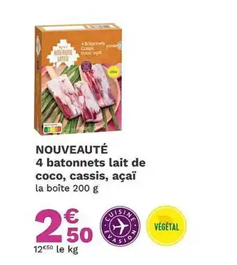 Picard 4 batonnets lait de coco, cassis, açaï offre