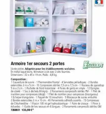 Armoire 1er secours 2 portes esculape