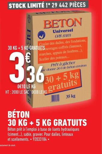 Brico Cash Béton 30 kg + 5 kg gratuits offre