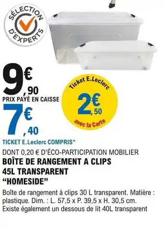 E.Leclerc Brico Boîte de rangment à clips 45l transparent homeside offre