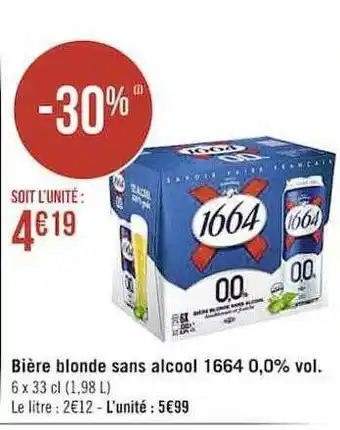 Casino Supermarchés Bière blonde sans alcool 1664 0,0% vol offre