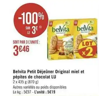 Géant Casino Belvita petit déjeuner original miel et pépites de chocolat lu offre