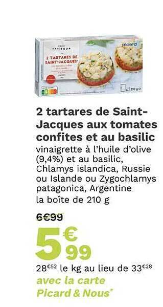 Picard 2 tartares de saint-jacques aux tomates confites et au basilic offre