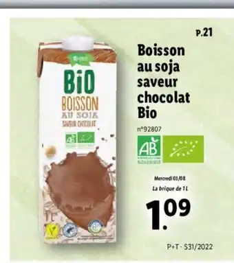Lidl Boisson au soja saveur chocolat bio offre