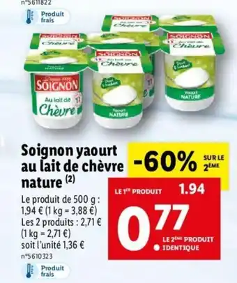 Lidl Soignon yaourt au laitde chèvre Nature offre