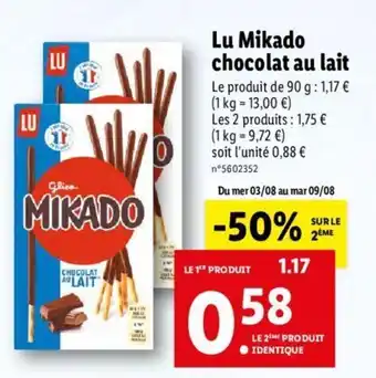 Lidl Lu mikado chocolat au lait offre