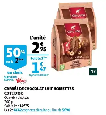 Auchan Carrés de chocolat lait noisettes cote d'or offre