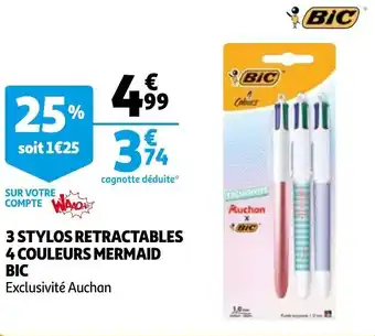 Auchan 3 stylos retractables 4 couleurs mermaid bic offre
