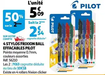 Auchan 4 stylos frixion ball effacables pilot offre