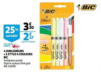 Auchan 4 surligneurs + 1 stylo 4 couleurs bic offre