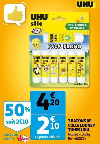 Auchan 7 batons de colle looney tunes uhu offre