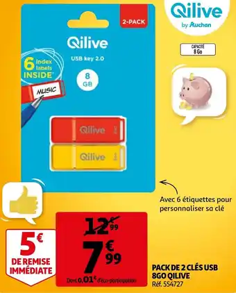 Auchan Pack de 2 clés usb 8GO qilive offre