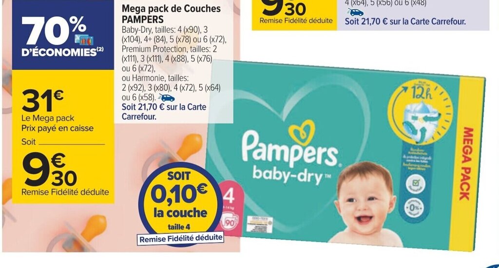 Promo Pampers Mega Pack de Couches chez Carrefour