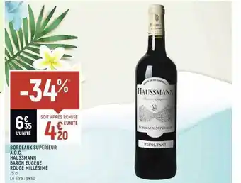 Spar Bordeaux supérieur a.o.c. haussmann baron eugène rouge millésimé offre