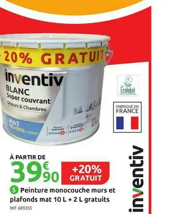 Mr Bricolage Peinture Monocouche Murs Et Plafonds Mat 10 L + 2 L Gratuits offre