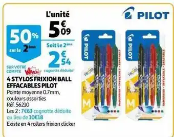 Auchan 4 stylos frixion ball effaçables pilot offre
