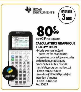 Auchan Calculatrice graphique ti-83 python offre