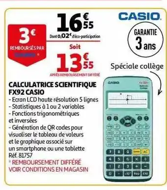 Auchan Calculatrice scientifique fx92 casio offre