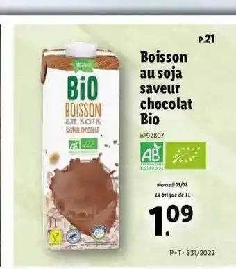 Lidl Boisson au soja saveur chocolat bio offre