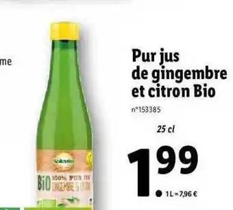 Lidl Pur jus de gingembre et citron bio offre