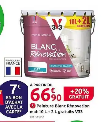 Mr Bricolage Peinture blanc rénovation mat 10 l + 2 l gratuits v33 offre