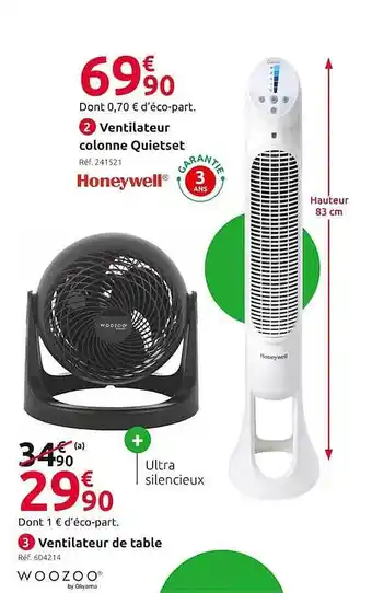 Mr Bricolage Ventilateur colonne quietset honeywell, ventilateur de table woozoo offre