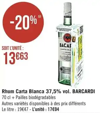Casino Supermarchés BARCARDI rhum carta blanca 37,5% vol. offre