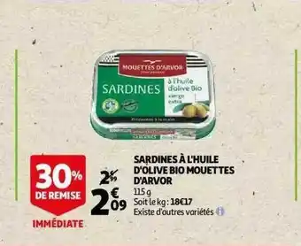 Auchan Sardines à l'huile d'olive bio mouettes d'arvor offre