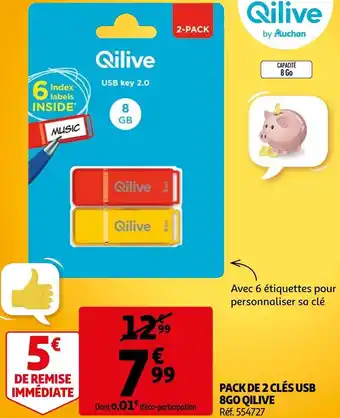 Auchan Qilive pack de 2 clés usb 8go offre