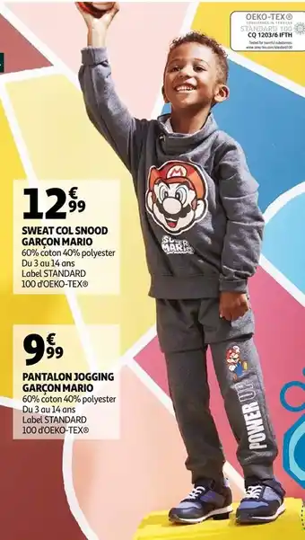 Auchan Mario pantalon jogging garçon ou sweat col snood garçon offre