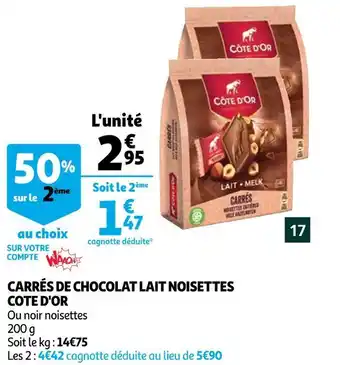Auchan Cote d'or carrés de chocolat lait noisettes offre