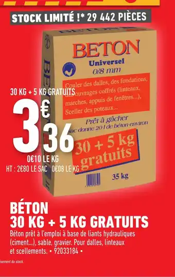 Brico Cash Béton 30 kg + 5 kg gratuits offre