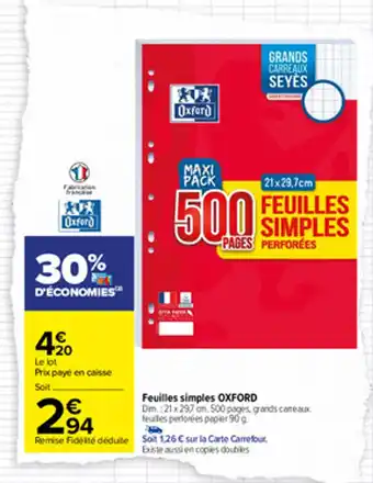 Carrefour OXFORD feuilles simples offre