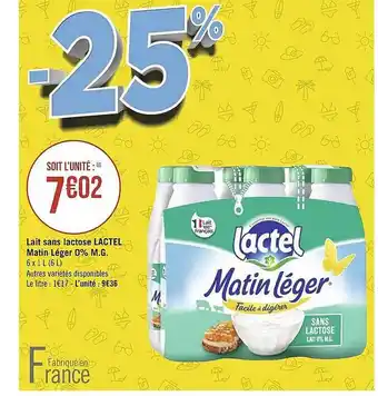 Géant Casino Lait sans lactose lactel matin léger 0% m.g. offre