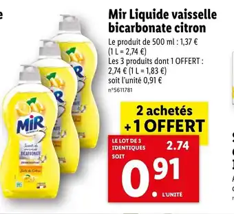 Lidl Mir liquide vaisselle bicarbonate citron offre