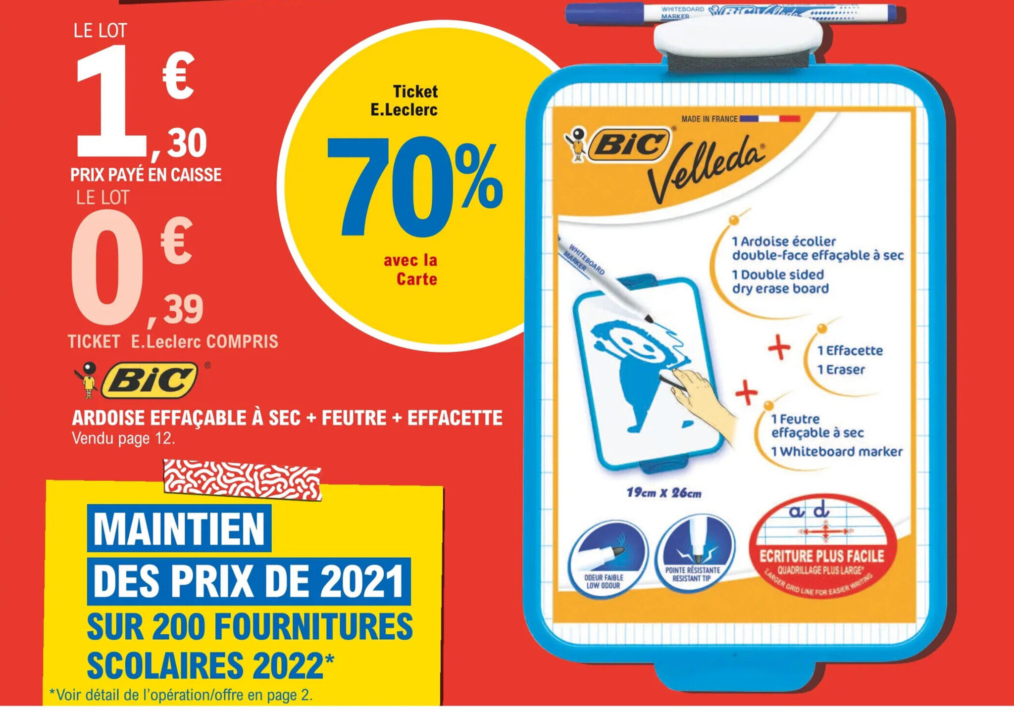 Promo Ardoise effaçable à sec + feutre + effacette chez E.Leclerc