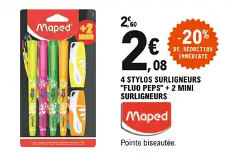 E.Leclerc 4 stylos surligneurs "fluo peps" + 2 mini surligneurs offre