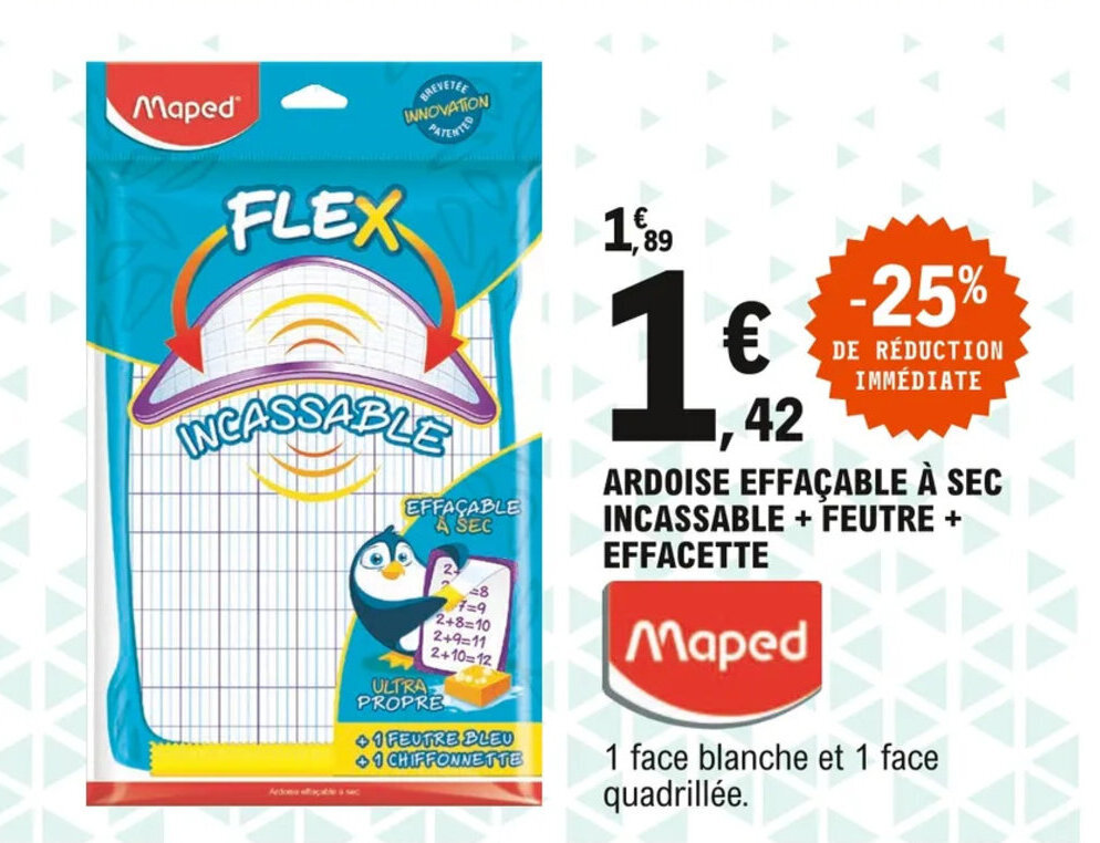 Promo Ardoise effaçable à sec incassable + feutre + effacette chez E