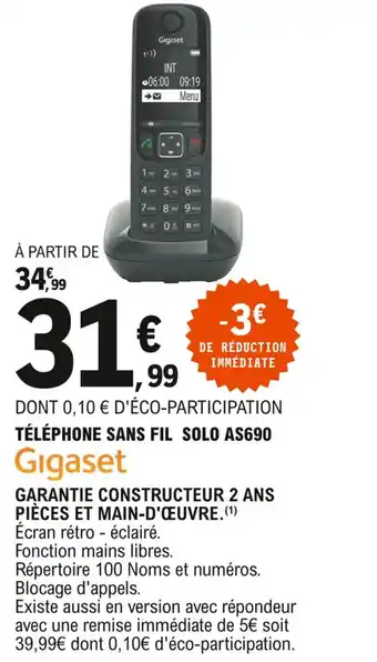 E.Leclerc Téléphone sans fil solo AS690 offre