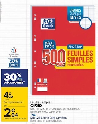 Carrefour Oxford feuilles simples offre