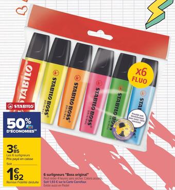 Carrefour Stabilo 6 surligneurs "boss original" offre