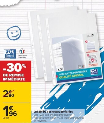 Carrefour Oxford lot de 50 pochettes perforées offre