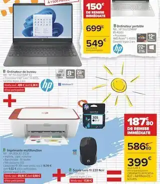 Carrefour Hp ordinateur de bureau et imprimante multifonction et souris sans fil 220 noir offre