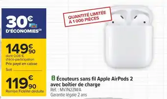 Carrefour Apple écouteurs sans fil airpods 2 avec boîtier de charge offre