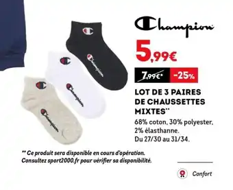 Sport 2000 CHAMPION lot de 3 paires de chaussettes mixtes offre